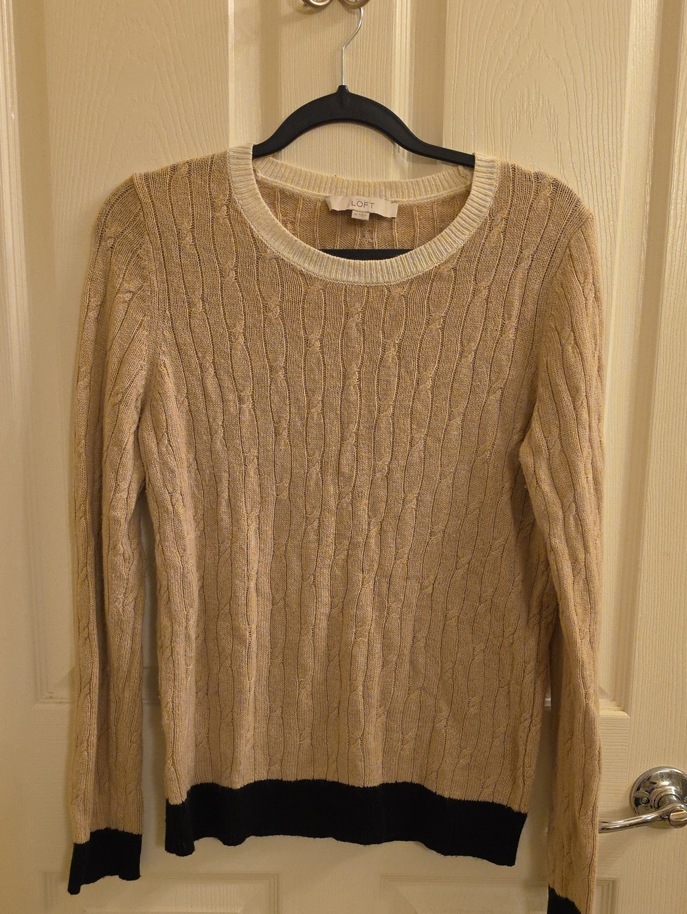 LOFT Beige Cable-Knit Crewneck Sweater with Black Trim